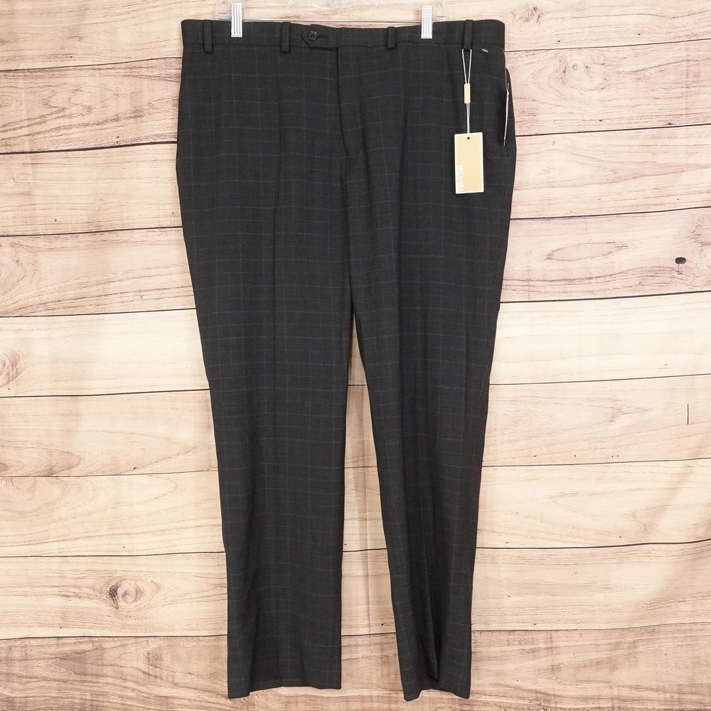 New! Michael Kors Dress Pants Mens 40x30 Charcoal Gray Check Stretch
